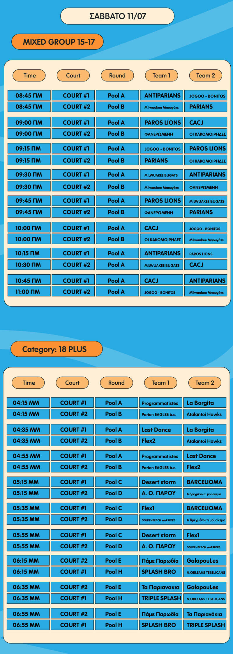 Paros Beach Hoops - Programme Saturday